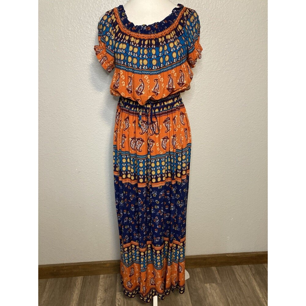 Umgee Orange & Blue Boho Tiered Maxi Dress